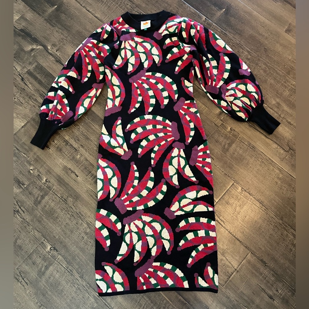 Farm Rio | Black Banana Dots Sweater Dress | Size S